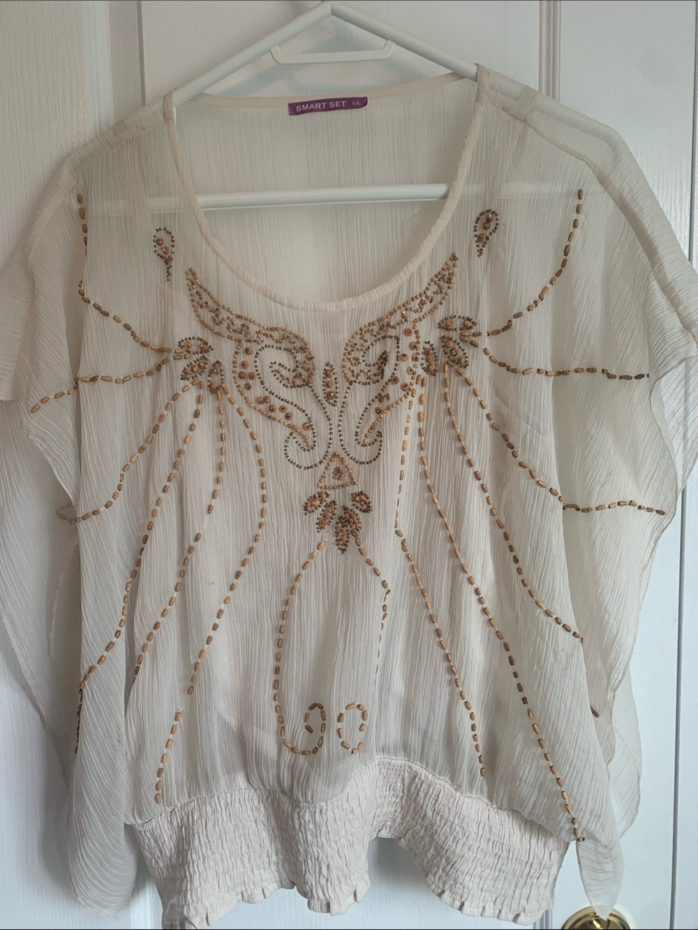 Smart Set Cream Sheer Tunic with Gold Bead Design